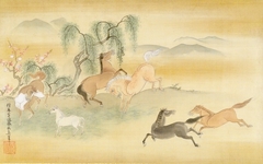 Six Horses in a Field with Peach and Willow Trees by Kanō Yasunobu