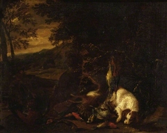 Spaniel and dead game in a landscape