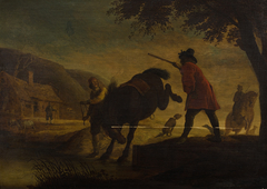 Stalknecht met bruin paard by Allaert Claesz