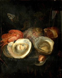 Still Life of Oysters and a Prawn on a Ledge, with a Snail and a Butterfly
