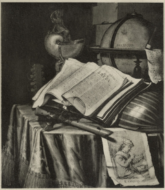 Still life with books, globe, musical instruments and a print on a table by Evert Collier