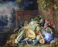 Still Life with Vegetables and Fruit before a Garden Balustrade by Cornelis de Heem