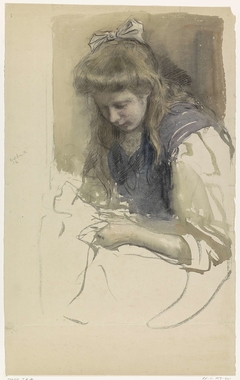 Studie van een handwerkend meisje in matrozenjurk by Johan Antonie de Jonge