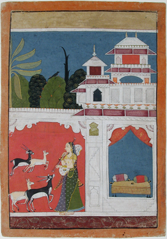 Todi ragini- A woman playing the vina to four deer in front of a pavilion by Anonymous