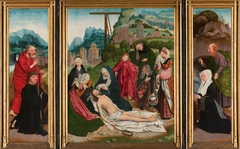 Triptych with the Lamentation (centre panel), the donor with St Peter (inner left wing), the donor’s wife with St Paul (inner right wing) and the donors’ coats of arms (outer wings)