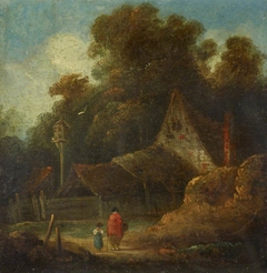 Two Figures by a Tumbledown Cottage by Anonymous