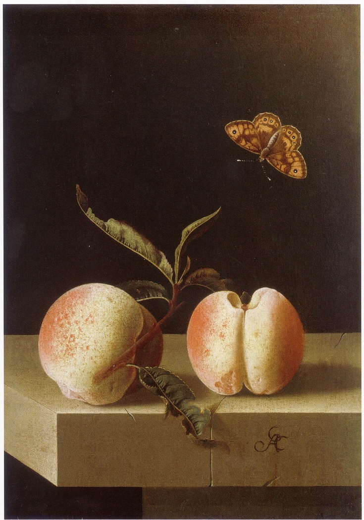 Two peaches and a fritillary butterfly on a stone plinth
