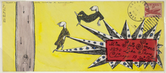 Untitled (Envelope Decorated with Figures on a Yellow Background) by Edward Gorey