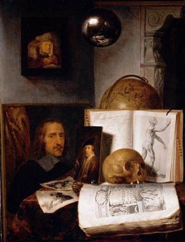 Vanitas still life with skull, books, prints and paintings, with reflected self-portrait