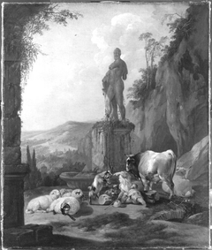 Viehherde vor einer antiken Statue by Johann Heinrich Roos