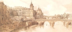 View: Pont au Change, the City Theatre, Pont Neuf, Paris - Thomas Girtin - ABDAG002443 by Thomas Girtin