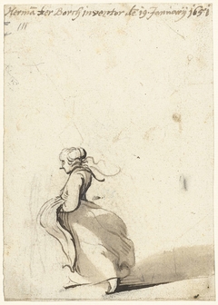 Vrouw lopend met haar handen onder haar schort, van opzij by Harmen ter Borch