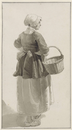 Vrouw op klompen met mand, driekwart van achteren gezien