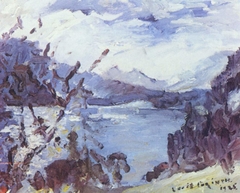 Walchensee mit Bergkette und Uferhang by Lovis Corinth