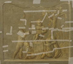 Wandversiering waarop vijf Cupido's met druiven bij wijnton by anonymous painter