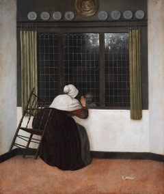 Woman at a window, waving at a girl by Jacob Vrel