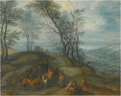 Wooded Landscape with Travelers and Their Horses by Joseph van Bredael