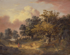 Wooded Landscape with Woman and Child Walking Down a Road