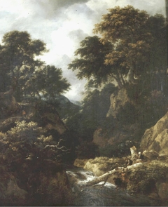 Wooded mountainous landscape with fishermen and resting travellers near a waterfall