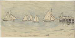 Zeilschepen bij de steiger van Oostende by Adolf le Comte