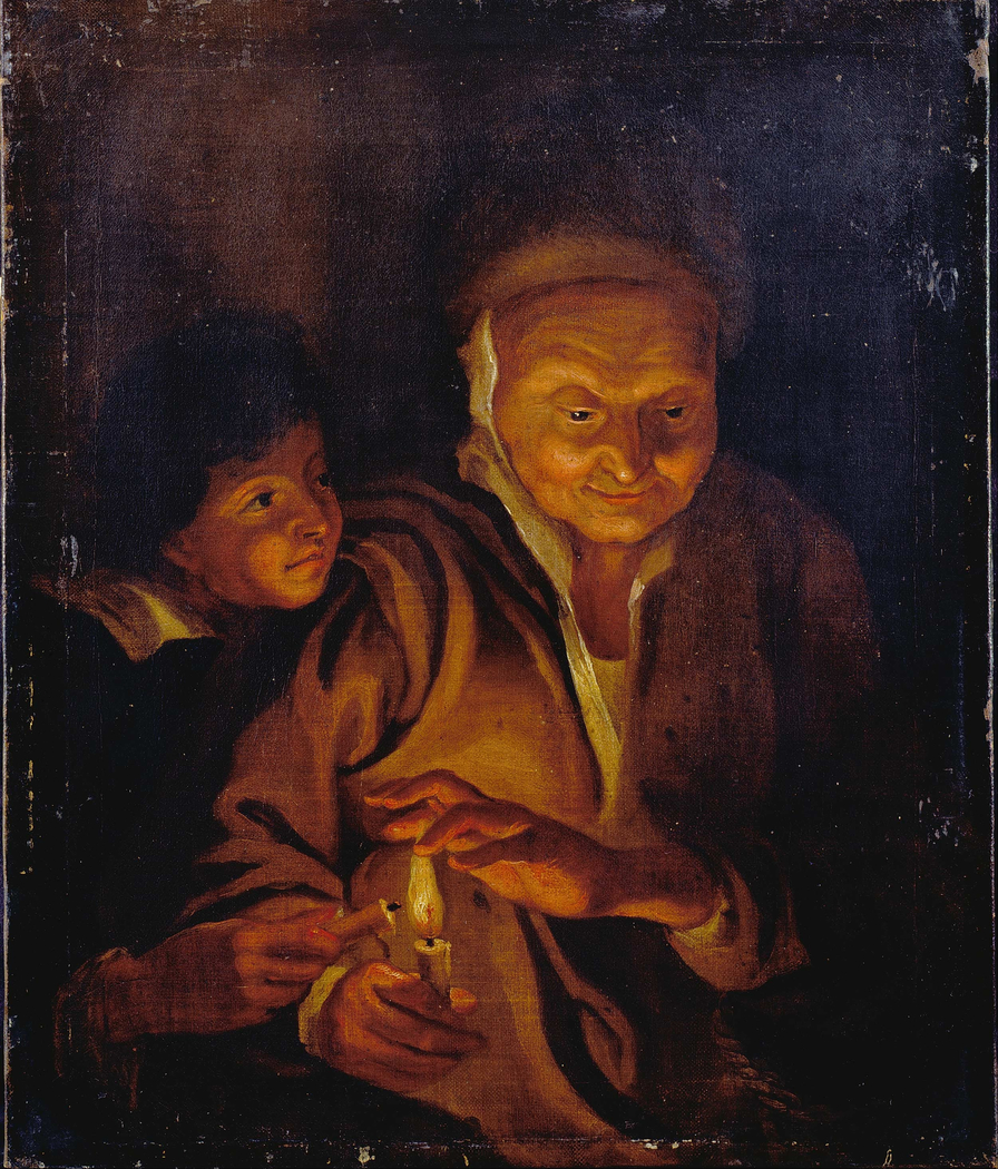A Boy lighting a Candle from one held by an Old Woman