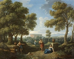 A Classical Landscape, with figures conversing by a Fountain by Jan Frans van Bloemen