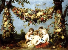 A Garland of Fruit and Vegetables over Four Putti in a Landscape