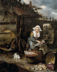 A Housewife in an inner Courtyard Cleaning Fish by Hendrik Potuyl