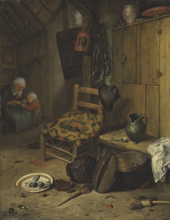 A kitchen interior with a mother and child
