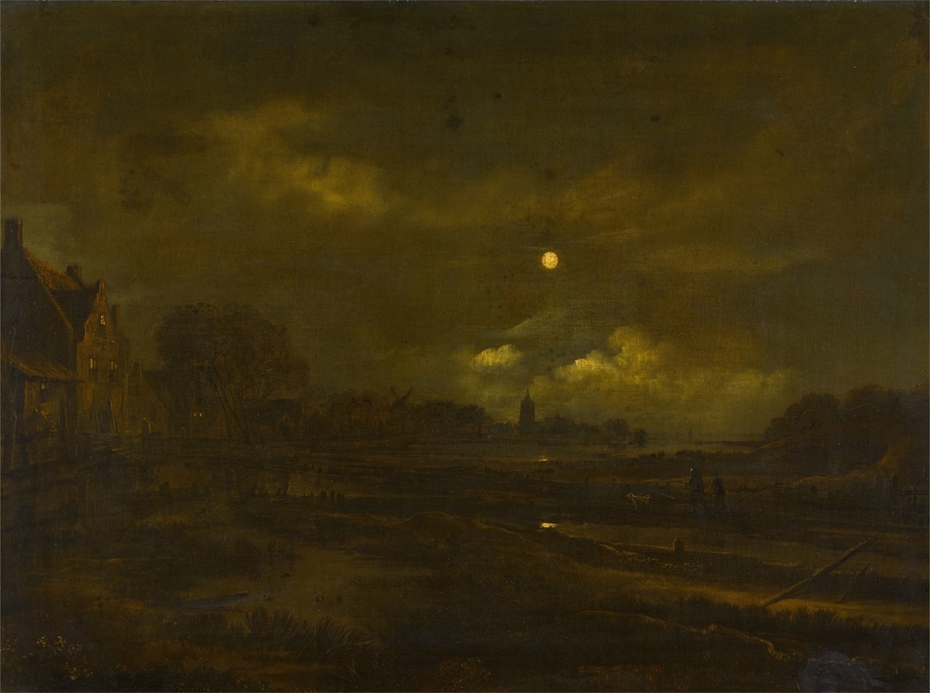 A moonlit river landscape with a village, a windmill and church beyond, with travellers on a path in the foreground
