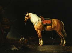 A Saddled Horse with a Goat in a Stable by Abraham van Calraet