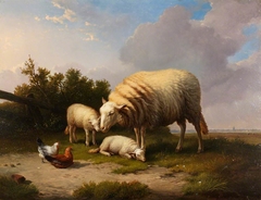 A Sheep, two Lambs, Cock and Hen in a Landscape by Eugène Verboeckhoven