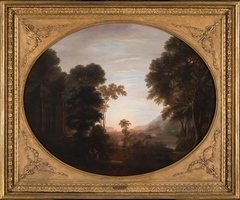 A Wooded Classical Landscape at Evening with Figures in the Foreground by John Taylor
