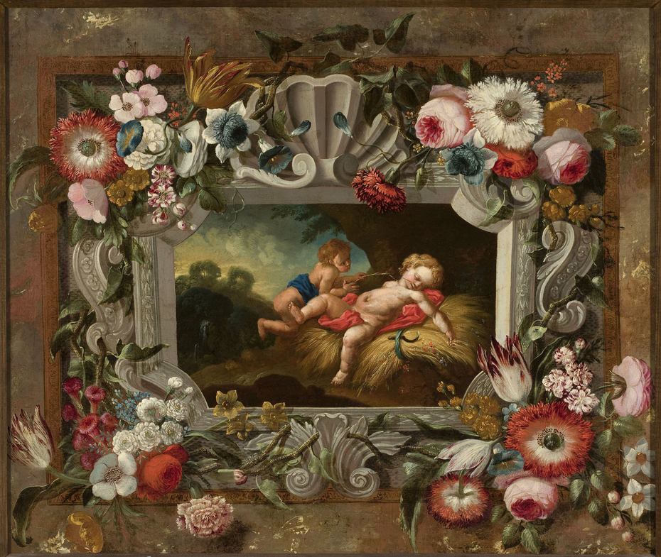 Allegory of summer in a circle of flowers