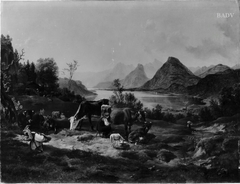 Ansicht des Wolfgangsees bei St. Gilgen mit Vieh by Friedrich Gauermann