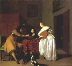 Backgammon players and woman playing the lute in an interior, 1671 gedateerd