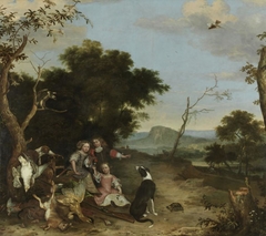 Bildnis von drei Kindern in einer Landschaft mit Jagdbeute by Melchior d'Hondecoeter