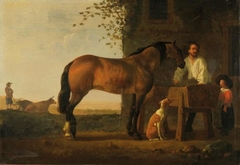 Brown horse standing by a trough