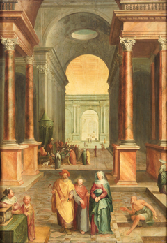 Christus unter den Schriftgelehrten (Im Vordergrund: Heimkehr vom Tempel) by Karel van Mander III