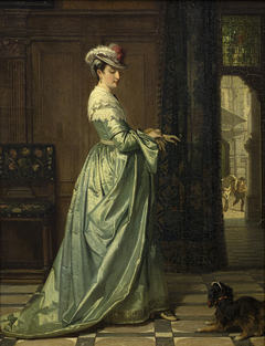 Dame in een interieur, in satijn gekleed by Hendrik Jacobus Scholten