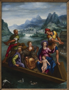 De heilige familie op een boot in een berglandschap