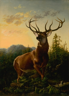 Deer in Forest Landscape by Sándor Brodszky