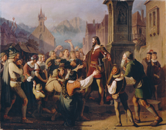 Der als Minnesänger verkleidete Herzog Friedrich IV. gibt sich auf der Flucht aus Konstanz seinen treuen Tirolern zu erkennen by Franz Schams