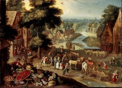 Dorpsgezicht met groentemarkt by Jan Brueghel the Elder