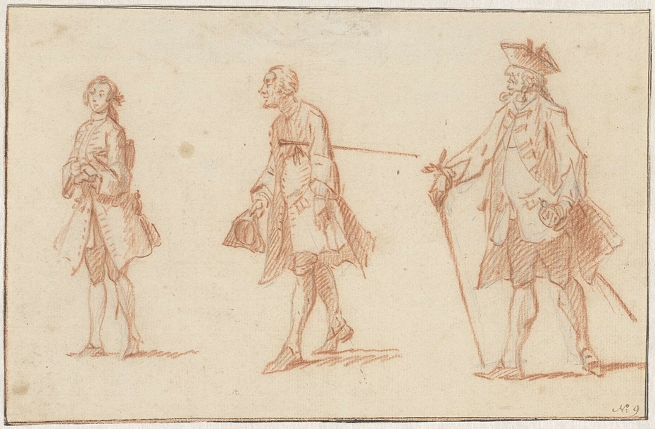 Drie mannelijke figuren, twee met stok en steek