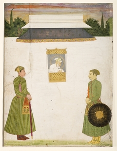 Emperor Aurangzeb at a jharokha window, two noblemen in the foreground by Anonymous
