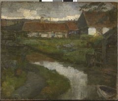 Farmstead and irrigation ditch with prow of rowboat by Piet Mondrian