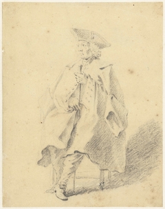 Figuurstudie van een zittende man met een wandelstok by Simon Fokke