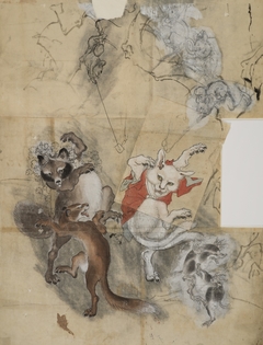 Frolicking Animals, Nekomata and Tanuki Badger by Kawanabe Kyōsai