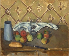 Fruits, serviette et boîte à lait by Paul Cézanne